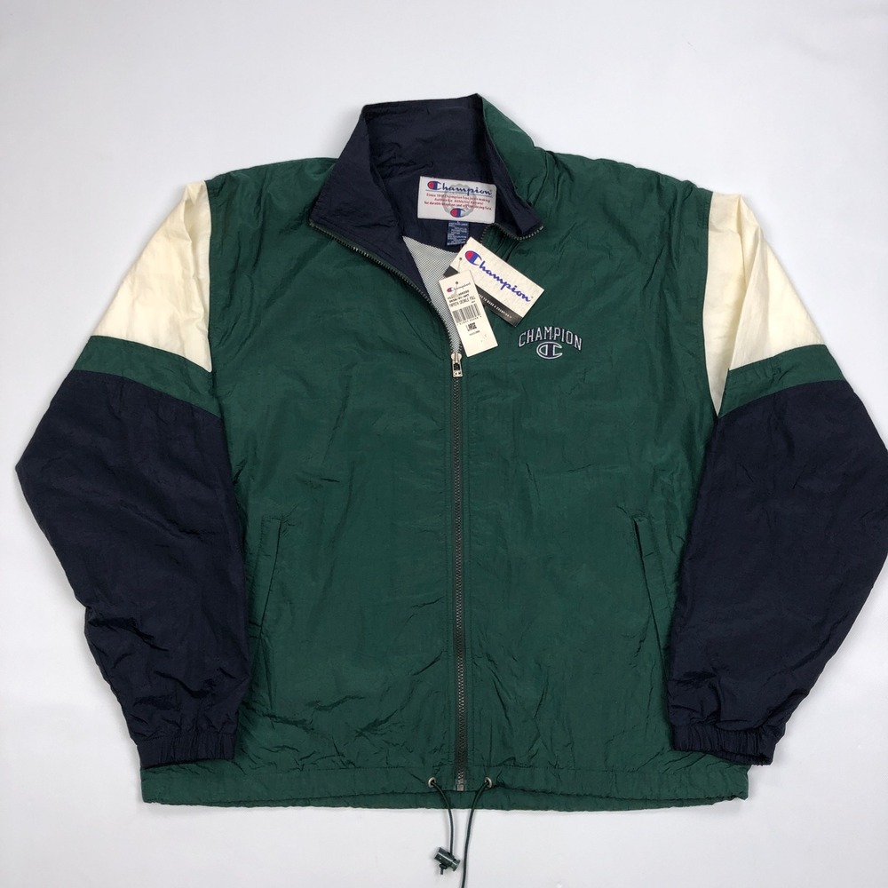 Vtg Champion Mens Large Taffeta Crinkle Full Zip Windbreaker Jacket Green 90s